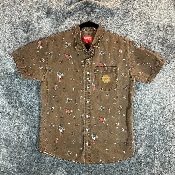 Coalatree Shirt Mens Medium Brown Fishing Lure Print Organic Cotton Outdoors - Picture 1 of 9